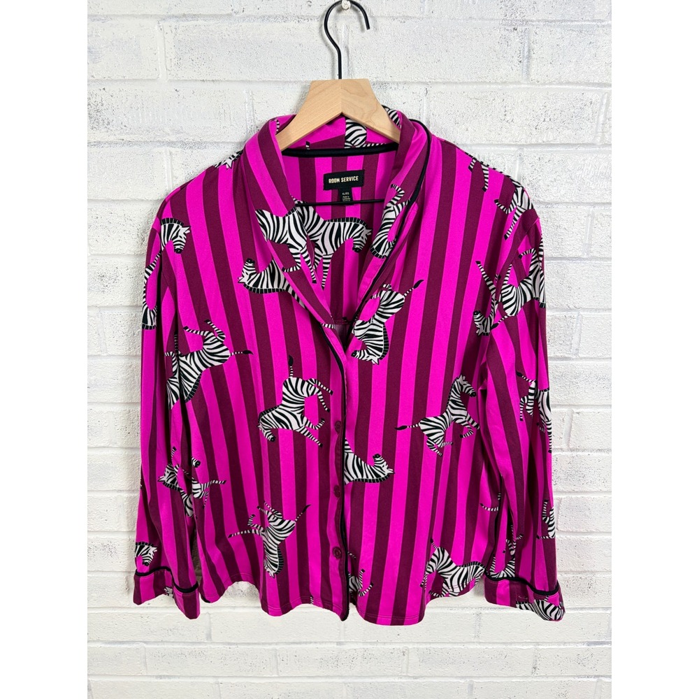 Room Service Pajama Top Womens XL Pink Purple Zebra Print Stripe Button Up
